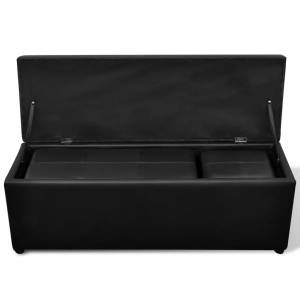 Cufăr din Piele Artificială Negru cu Scăunel Set 3 buc - Img 4