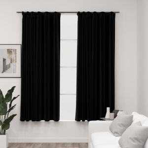 Draperii opace aspect in, cârlige, 2 buc., negru, 140 x 175 cm