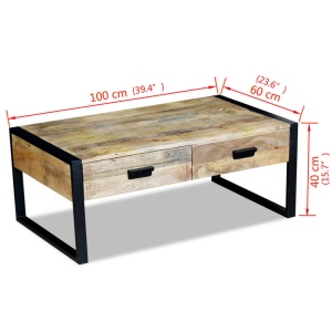 Masă cafea cu 2 sertare din lemn solid de mango, 100x60x40 cm - Img 7