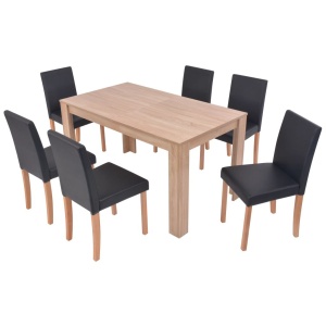 Masă și scaune 7 piese, piele artificială, stejar, negru - Img 2