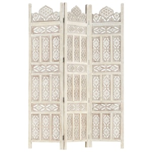 Paravan cameră sculptat manual 3 panouri alb 120x165 cm mango - Img 6