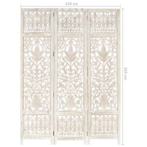 Paravan cameră sculptat manual 3 panouri alb 120x165 cm mango - Img 9