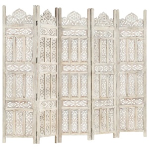 Paravan cameră sculptat manual 5 panouri alb 200x165 cm mango - Img 8