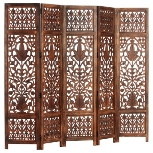 Paravan cameră sculptat manual 5 panouri maro 200x165 cm mango