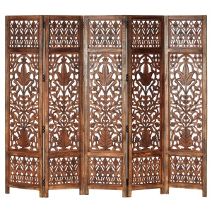 Paravan cameră sculptat manual 5 panouri maro 200x165 cm mango - Img 2