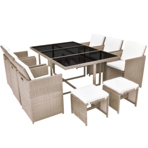 Set mobilier de exterior cu perne, 11 piese, bej, poliratan - Img 2