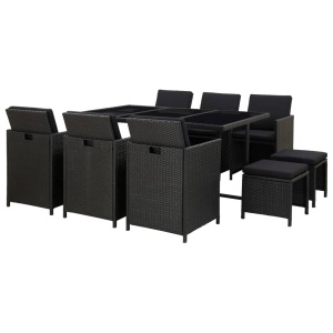 Set mobilier de exterior cu perne, 11 piese, negru, poliratan