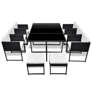 Set mobilier de exterior cu perne, 11 piese, negru, poliratan - Img 3