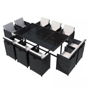 Set mobilier de exterior cu perne, 11 piese, negru, poliratan - Img 2
