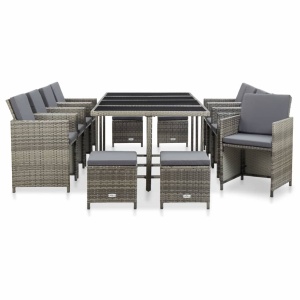 Set mobilier de exterior cu perne, 13 piese, gri, poliratan - Img 2