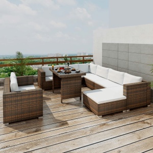 Set mobilier de grădină cu perne, 10 piese, maro, poliratan