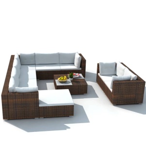 Set mobilier de grădină cu perne, 10 piese, maro, poliratan - Img 3