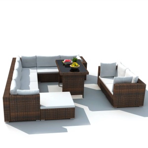 Set mobilier de grădină cu perne, 10 piese, maro, poliratan - Img 2