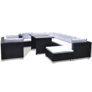 Set mobilier de grădină cu perne, 10 piese, negru, poliratan - Img 2