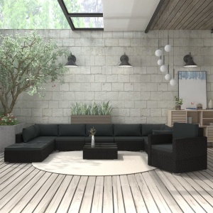 Set mobilier de grădină cu perne, 11 piese, negru, poliratan