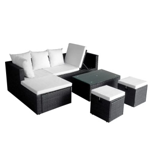 Set mobilier de grădină cu perne, 4 piese, negru, poliratan - Img 2
