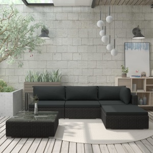 Set mobilier de grădină cu perne, 5 piese, negru, poliratan