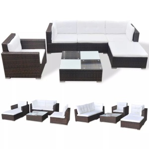 Set mobilier de grădină cu perne, 6 piese, maro, poliratan - Img 2