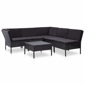 Set mobilier de grădină cu perne, 6 piese, negru, poliratan