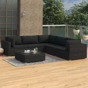 Set mobilier de grădină cu perne, 6 piese, negru, poliratan