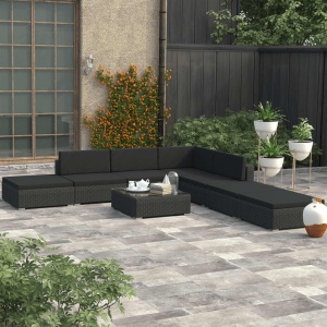 Set mobilier de grădină cu perne, 8 piese, negru, poliratan