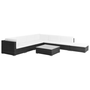Set mobilier de grădină cu perne, 8 piese, negru, poliratan