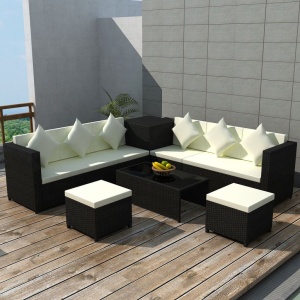 Set mobilier de grădină cu perne, 8 piese, negru, poliratan
