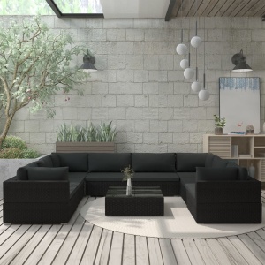 Set mobilier de grădină cu perne, 9 piese, negru, poliratan