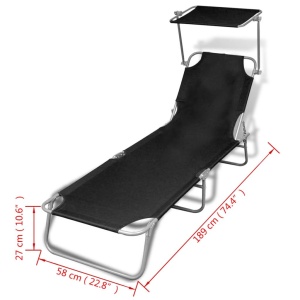 Șezlong pliabil cu protecție solară 189 x 58 x 27 cm, Negru - Img 6