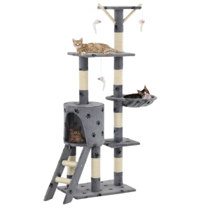 Ansamblu pisici stâlpi funie sisal, 138 cm imprimeu lăbuțe, gri
