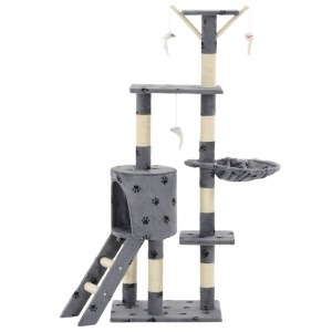 Ansamblu pisici stâlpi funie sisal, 138 cm imprimeu lăbuțe, gri - Img 3