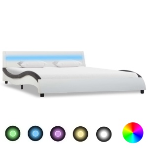 Cadru de pat cu LED, alb &amp; negru, 140x200 cm, piele ecologică