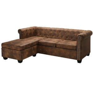 Canapea Chesterfield in formă de L, velur artificial, maro