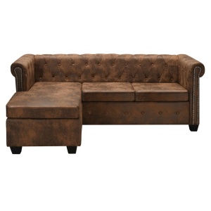 Canapea Chesterfield in formă de L, velur artificial, maro - Img 2