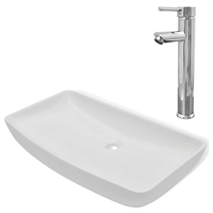 Chiuvetă de baie cu robinet mixer, ceramică, dreptunghiular alb - Img 2