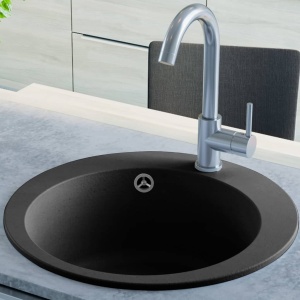 Chiuvetă de bucătărie din granit cu o cuvă, negru, rotund