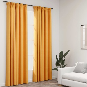 Draperii opace aspect in, cârlige, 2 buc., galben, 140x245 cm
