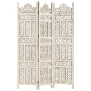 Paravan cameră sculptat manual 3 panouri alb 120x165 cm mango - Img 7