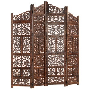 Paravan cameră sculptat manual 4 panouri maro 160x165 cm mango - Img 5