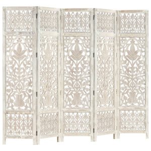 Paravan cameră sculptat manual 5 panouri alb 200x165 cm mango - Img 8