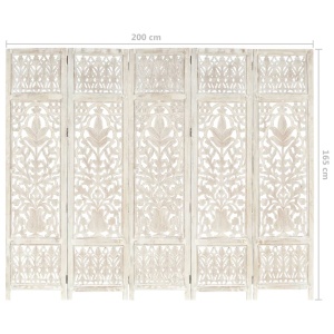 Paravan cameră sculptat manual 5 panouri alb 200x165 cm mango - Img 9