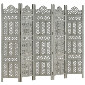 Paravan cameră sculptat manual 5 panouri gri 200x165 cm mango - Img 10