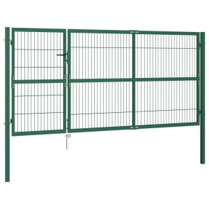 Poartă gard de grădină cu stâlpi, verde, 350 x 140 cm, oțel - Img 2