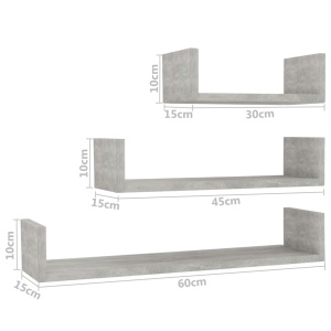 Raft expunere de perete, 3 buc., gri beton, PAL - Img 5