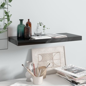 Raft perete suspendat, negru extralucios, 60x23,5x3,8 cm, MDF