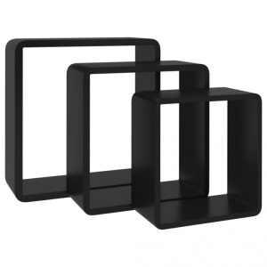 Rafturi de perete cub, 3 buc., negru, MDF - Img 4