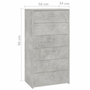 Servantă cu 6 sertare, gri beton, 50 x 34 x 96 cm, PAL - Img 5
