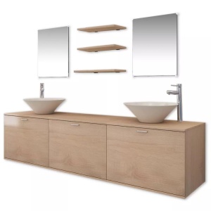 Set mobilier baie 10 piese cu chiuvete și robinete incluse, Bej - Img 2