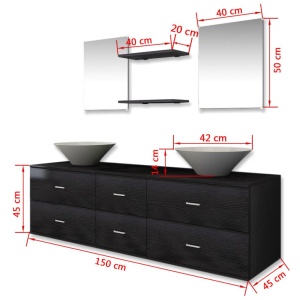 Set mobilier baie format din 7 piese cu chiuvete incluse, Negru - Img 9