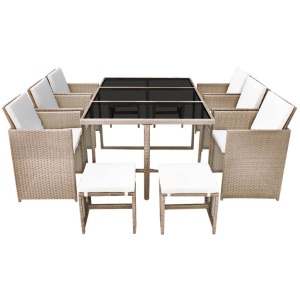 Set mobilier de exterior cu perne, 11 piese, bej, poliratan - Img 3